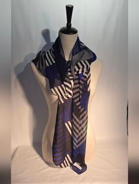 Calvin Klein Black, Blue & White Striped Geometric Scarf 80"x14"
